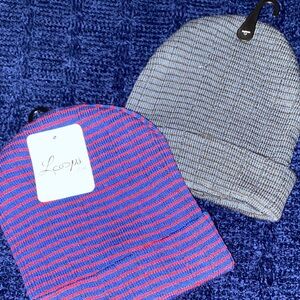 Striped and Checkered Beanie Set - Blue/Red  stripe and Gray/Black stripe